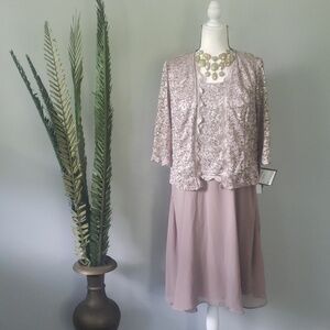 R&M Richards 2 pc champagne lace and sequin dress and jacket NWT